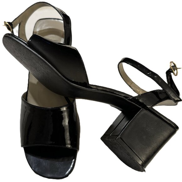 Vintage Mixed Blues Black Patent Leather Low Block Heel Sandals - Picture 10 of 10